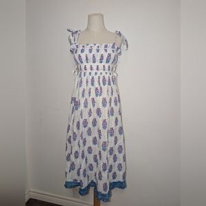 Floral White and Blue Midi Dress With Adjustable Straps